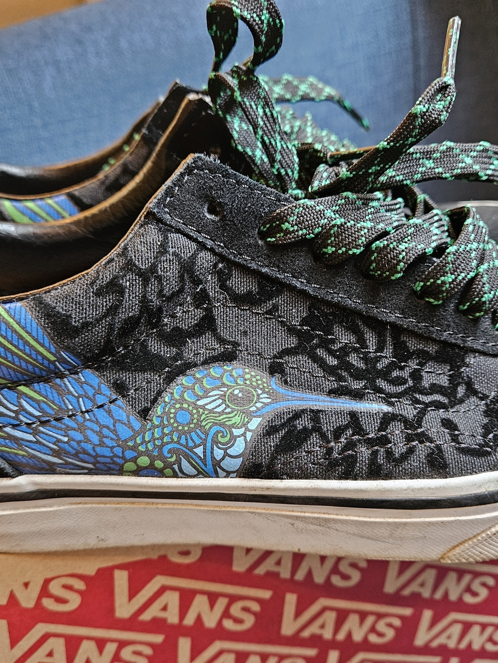 Vans Men’s Black Canvas Low-Top Sneakers with Blue & Green Hummingbird Detail